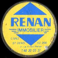 Monnaie publicitaire Renan Immobilier - G. Sfez - St-Denis 93200 - 31 Rue Ernest Renan - T. 48 20 05 37 (Type 1 avec caractres minces) - sur 10 francs Mathieu
