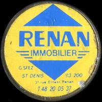 Monnaie publicitaire Renan Immobilier - G. Sfez - St-Denis 93200 - 31 Rue Ernest Renan - T. 48 20 05 37 (Type 1 avec caract�res minces) - sur 10 francs Mathieu