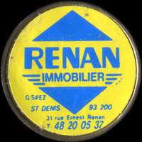 Monnaie publicitaire Renan Immobilier - G. Sfez - St-Denis 93200 - 31 Rue Ernest Renan - T. 48 20 05 37 (Type 2 avec caractres gras) - sur 10 francs Mathieu