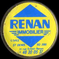 Monnaie publicitaire Renan Immobilier - G. Sfez - St-Denis 93200 - 31 Rue Ernest Renan - T. 48 20 05 37 (Type 2 avec caract�res gras) - sur 10 francs Mathieu