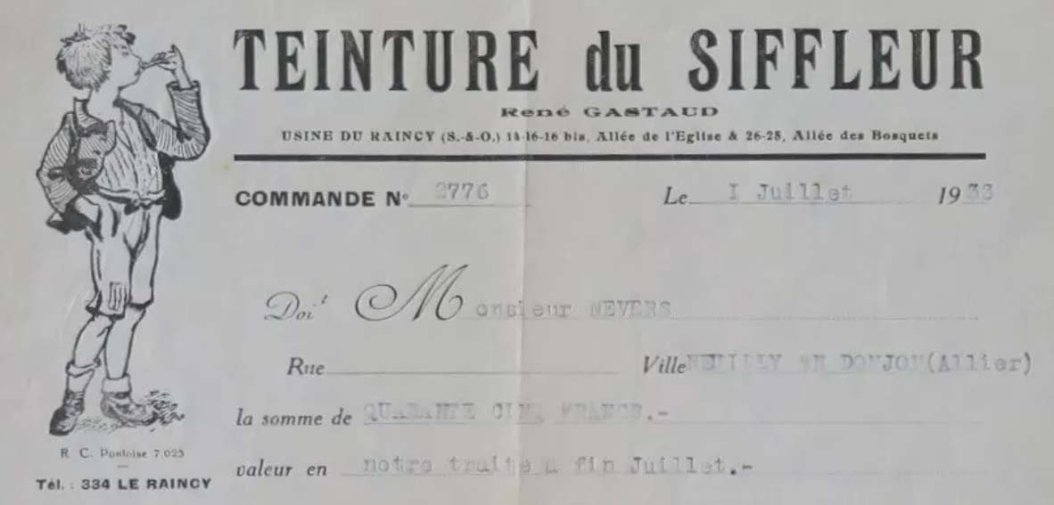 En-t�te d'une facture du 1er juillet 1933 de l'usine de Teinture du Siffleur 14-16-16 bis All�e de l'Eglise & 26-28 All�e des Bosquets