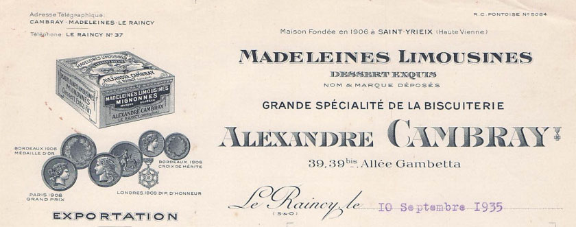En-t�te de lettre de la Maison Alexandre Cambray fabriquant des madeleines limousines