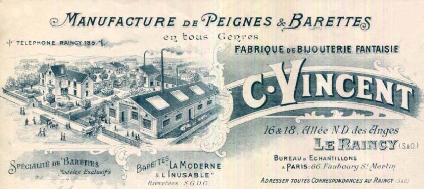 En-t�te de facture de la Manufacture de Peignes et Barettes C. Vincent - 16 & 18, All�e Notre-Dame des Anges