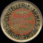 Timbre-monnaie Balp - Coutellerie - Armes - Pêche - Sports - BALP - Cours Victor-Hugo - St Etienne - 25 centimes bleu sur fond rouge - avers