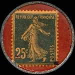 Timbre-monnaie Balp - Coutellerie - Armes - Pêche - Sports - BALP - Cours Victor-Hugo - St Etienne - 25 centimes bleu sur fond rouge - revers
