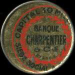 Timbre-monnaie Banque Charpentier & Cie Capital 10 millions, siège social à Cognac (Charente) - 10 centimes rouge sur fond vert-turquoise - avers - on notera l'impression très décalée