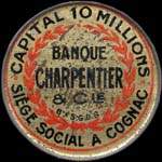 Timbre-monnaie Banque Charpentier & Cie Capital 10 millions, siège social à Cognac. (Charente) - 25 centimes bleu sur fond orange - avers