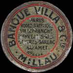 Timbre-monnaie Banque Villa & Cie - Millau - Paris - Rodez - St Affrique - Villefranche - Marvejols - Albi - Castres - Gaillac - Mazamet - 5 centimes vert sur fond rouge - avers