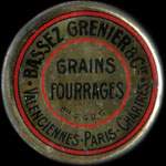Timbre-monnaie Bassez Grenier & Cie  - Grains - Fourrages - Valenciennes - Paris - Chartres - 5 centimes vert sur fond rouge - avers