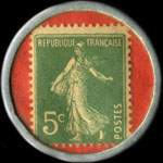 Timbre-monnaie Batterie de Cuisine G.Carpentier - Paris-Aluminium - 8, Bd du Temple - 5 centimes vert sur fond rouge - revers