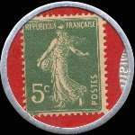 Timbre-monnaie Batterie de Cuisine G.Carpentier - Paris-Aluminium - 8, Bd du Temple - 5 centimes vert sur fond rouge - revers