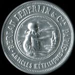 Timbre-monnaie Berlan Lederlin & Cie - Paris - Articles m�talliques - 15 centimes vert-lign� sur fond rouge - avers