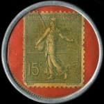 Timbre-monnaie Berlan Lederlin & Cie - Paris - Articles m�talliques - 15 centimes vert-lign� sur fond rouge - revers