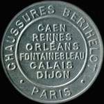 Timbre-monnaie Chaussures Berthelot - Caen - Rennes - Orléans - Fontainebleau - Calais - Dijon - 5 centimes vert sur fond rouge - avers