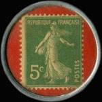 Timbre-monnaie Chaussures Berthelot - Caen - Rennes - Orl�ans - Fontainebleau - Calais - Dijon - 5 centimes vert sur fond rouge - revers