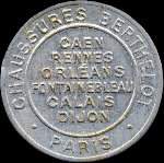 Timbre-monnaie Chaussures Berthelot - Caen - Rennes - Orléans - Fontainebleau - Calais - Dijon - 5 centimes vert sur fond rouge-orangé - avers