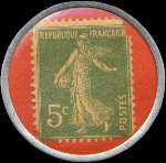 Timbre-monnaie Chaussures Berthelot - Caen - Rennes - Orl�ans - Fontainebleau - Calais - Dijon - 5 centimes vert sur fond rouge-orang� - revers