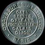 Timbre-monnaie Chaussures Berthelot - Caen - Rennes - Orléans - Fontainebleau - Calais - Dijon - 25 centimes bleu sur fond rouge - avers