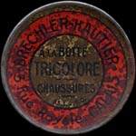 Timbre-monnaie Brechler-Hautier - 3 Rue Royale - Calais - à la Botte Tricolore - chaussures - 5 centimes vert sur fond rouge - avers