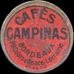 Timbre-monnaie Cafés Campinas - Type 1 - Bordeaux - 99, Cours d'Alsace-Lorraine - 5 centimes vert sur fond rouge - avers