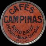 Timbre-monnaie Cafés Campinas - Type 2 - Bordeaux - 99, Cours d'Alsace-Lorraine - 5 centimes vert sur fond rouge - avers