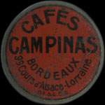 Timbre-monnaie Cafés Campinas - Type 1 - Bordeaux - 99, Cours d'Alsace-Lorraine - 25 centimes bleu sur fond rouge - avers
