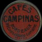 Timbre-monnaie Cafés Campinas - Type 1 - Bordeaux - 99, Cours d'Alsace-Lorraine - 10 centimes rouge sur fond rouge - avers