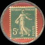 Timbre-monnaie Caobania - Petit d�je�ner exquis - Marque d�pos�e - 17, rue Henri IV - Bordeaux - Entremets sans oeufs 5 centimes vert sur fond rouge - revers