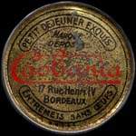 Timbre-monnaie Caobania - Petit déjeûner exquis - Marque déposée - 17, rue Henri IV - Bordeaux - Entremets sans oeufs 10 centimes rouge sur fond bleu-noir - avers