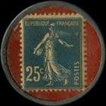 Timbre-monnaie Caobania - Petit d�je�ner exquis - Marque d�pos�e - 17, rue Henri IV - Bordeaux - Entremets sans oeufs 25 centimes bleu sur fond rouge - revers