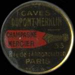 Timbre-monnaie Caves Dupont-Merklin - Champagne Mercier - 25 centimes bleu sur fond rouge - avers