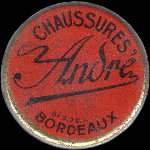 Timbre-monnaie Chaussures André - Bordeaux - 10 centimes rouge sur fond bleu-noir vergé - avers