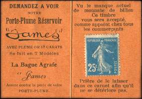 Timbre-monnaie M.Chiraux / Porte-Plume Réservoir James - Librairie Générale - Papeterie - M.Chiraux - Boulogne-sur-Mer - 25 centimes - avers