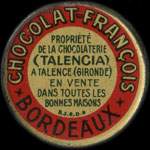 Timbre-monnaie Chocolat François - Propriété de la chocolaterie (Talencia) à Talence (Gironde) - 5 centimes orange sur fond rouge - avers