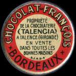 Timbre-monnaie Chocolat François - Propriété de la chocolaterie (Talencia) à Talence (Gironde) - 5 centimes vert sur fond rouge - avers