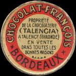 Timbre-monnaie Chocolat François - Propriété de la chocolaterie (Talencia) à Talence (Gironde) - 5 centimes vert sur fond rouge - avers