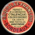 Timbre-monnaie Chocolat François - Propriété de la chocolaterie (Talencia) à Talence (Gironde) - 25 centimes bleu sur fond rouge - avers