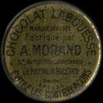 Timbre-monnaie Chocolat Labouesse - Marque déposée fabriquée par A.Morand - 25 centimes bleu sur fond bleu-turquoise (type 2) - avers