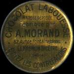 Timbre-monnaie Chocolat Labouesse - Marque déposée fabriquée par A.Morand - 10 centimes rouge sur fond vert-turquoise (type 1) - avers