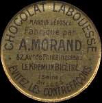 Timbre-monnaie Chocolat Labouesse - Marque déposée fabriquée par A.Morand - 10 centimes rouge sur fond bleu-turquoise (type 2) - avers