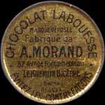 Timbre-monnaie Chocolat Labouesse - Marque déposée fabriquée par A.Morand - 10 centimes rouge sur fond bleu-turquoise (type 3) - avers