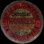 Timbre-monnaie Chocolat Mouren - Marseille - Tout ce qui concerne la chocolaterie - 5 centimes vert sur fond rouge - exemplaire 1 - avers