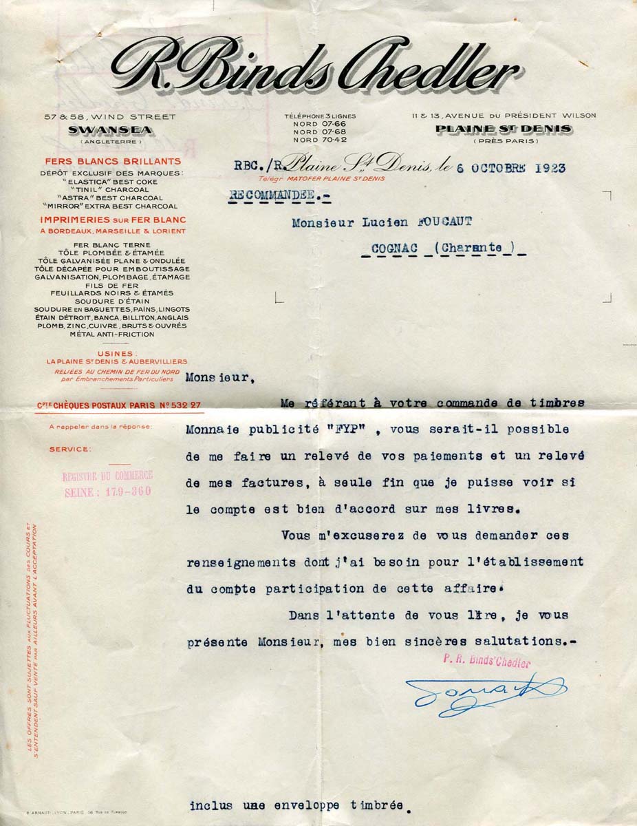 Lettre adressée par R.Binds Chedler au Cognac Foucauld (Lucien Foucaut) le 6 octobre 1923