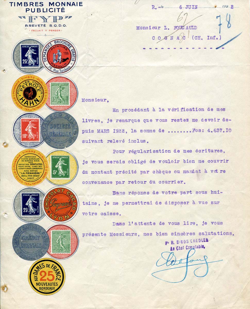 Lettre adressée par Timbres Monnaie Publicité FYP au Cognac Foucauld le 6 juin 1922