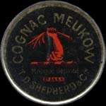 Timbre-monnaie Cognac Meukow - Marque dpose - T.D. Shepherd & Cie - 10 centimes rouge sur fond bleu verg - avers
