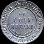 Timbre-monnaie Au Coin Musard - Coulommiers - Melun - Nemours - Maison Dutar - 10 centimes rouge sur fond bleu - avers