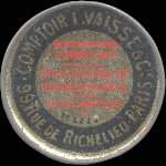 Timbre-monnaie Comptoir L.Vaisse - 99, rue de Richelieu - Paris - Renseignements commerciaux - 5 centimes vert sur fond rouge - avers