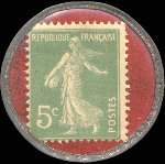 Timbre-monnaie Comptoir L.Vaisse - 99, rue de Richelieu - Paris - Renseignements commerciaux - 5 centimes vert sur fond rouge - revers