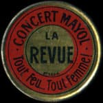 Timbre-monnaie Concert Mayol - La&nbsp;Revue - Tout&nbsp;Feu... Tout&nbsp;Femme&nbsp;! - 10 centimes rouge sur fond bleu - avers