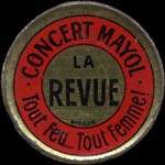 Timbre-monnaie Concert Mayol - La Revue - Tout feu... tout femme! - 5 centimes vert sur fond rouge - avers